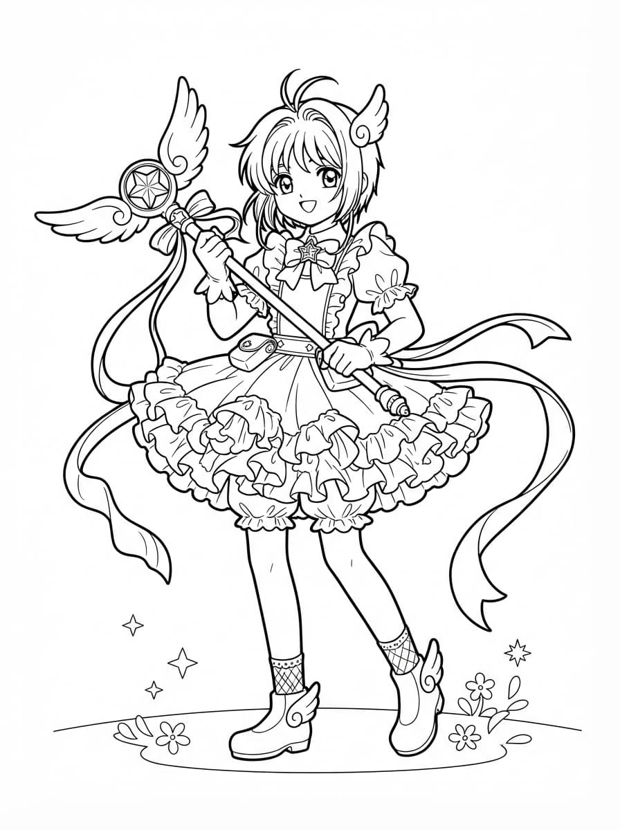 Coloriage Sakura Kinomoto et son Sceptre Étoilé