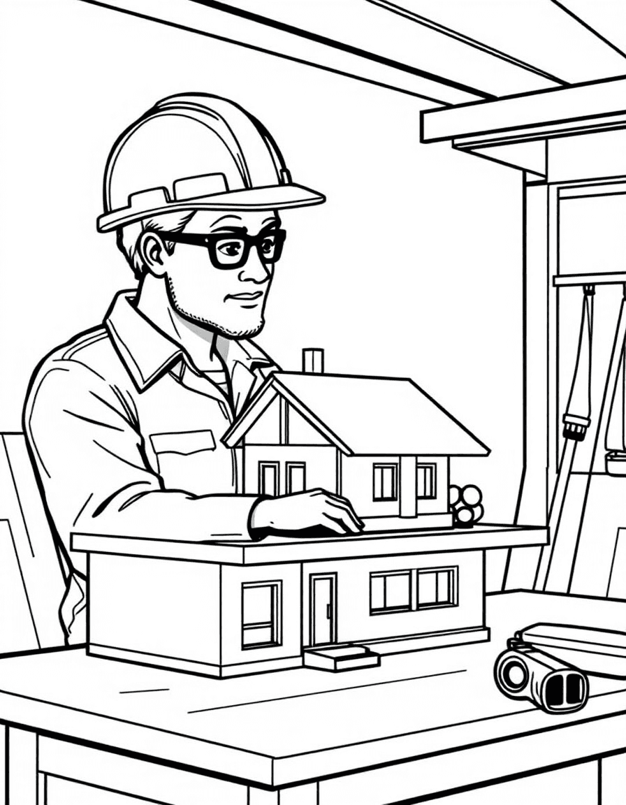 Coloriage Architecte - Architecte en casque de chantier observant une maquette miniature de maison moderne sur son établi, traits nets.