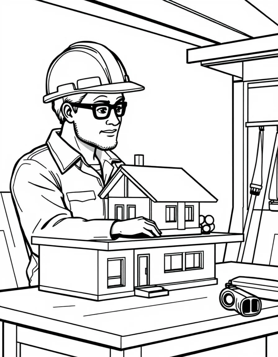 Coloriage Architecte - Architecte en casque de chantier observant une maquette miniature de maison moderne sur son établi, traits nets.
