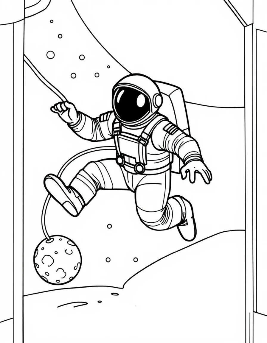 Coloriage Astronaute - Astronaute flottant en apesanteur dans l'espace accroché à la station spatiale par un câble de sécurité, contours nets.