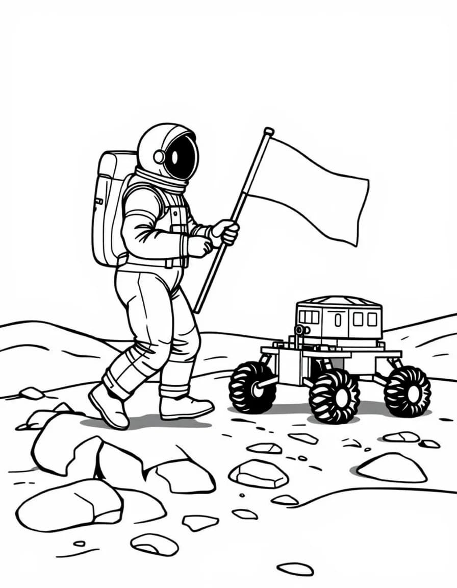 Coloriage Astronaute - Astronaute marchant sur le sol de la Lune plantant un drapeau près du module d'alunissage et du rover, traits nets.
