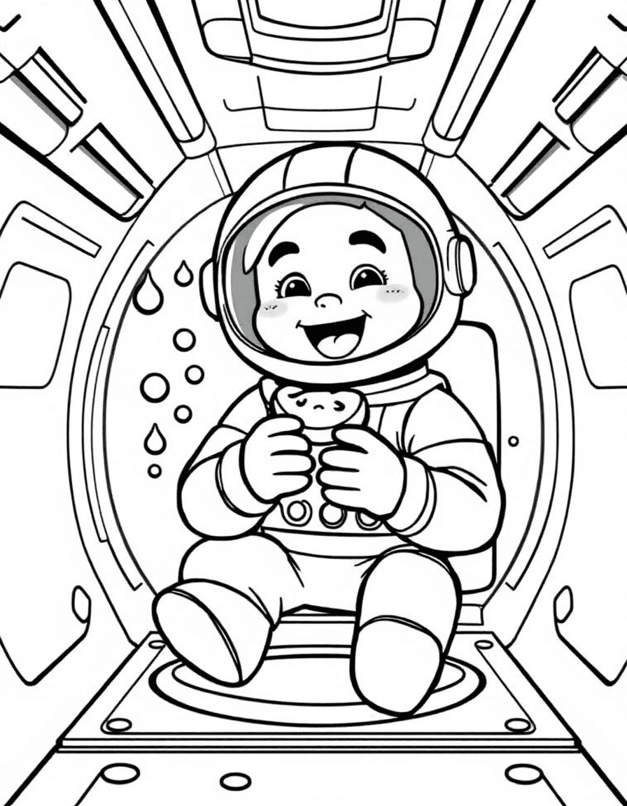 Coloriage Astronaute - Astronaute amusé attrapant des gouttes de jus et fruits flottant en apesanteur dans sa cabine, dessin simple.