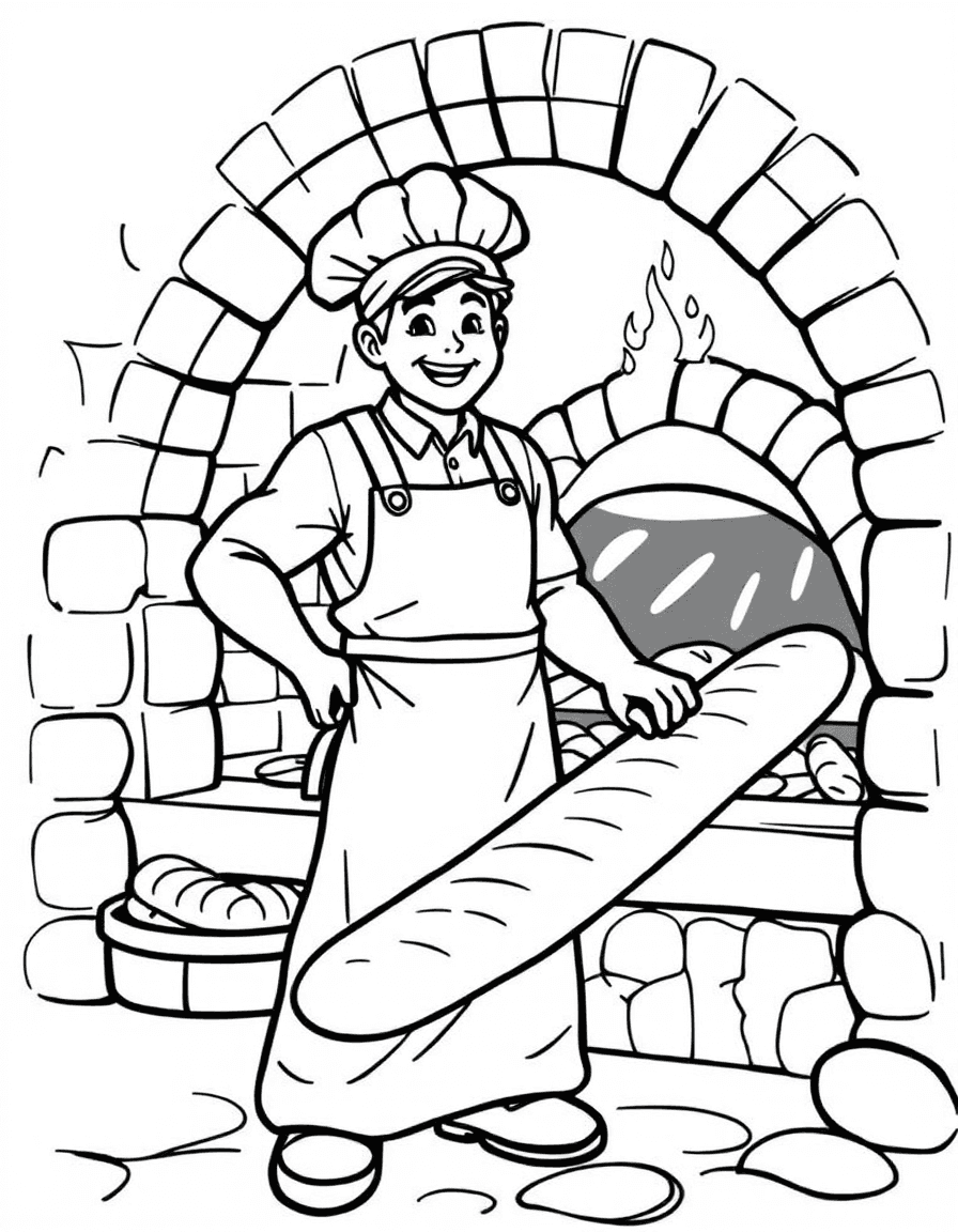 Coloriage Boulanger - Boulanger souriant en tablier blanc enfournant des baguettes dorées dans le four à pain avec sa pelle en bois, contours nets.