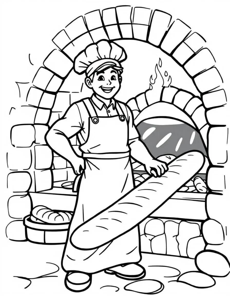 Coloriage Boulanger - Boulanger souriant en tablier blanc enfournant des baguettes dorées dans le four à pain avec sa pelle en bois, contours nets.