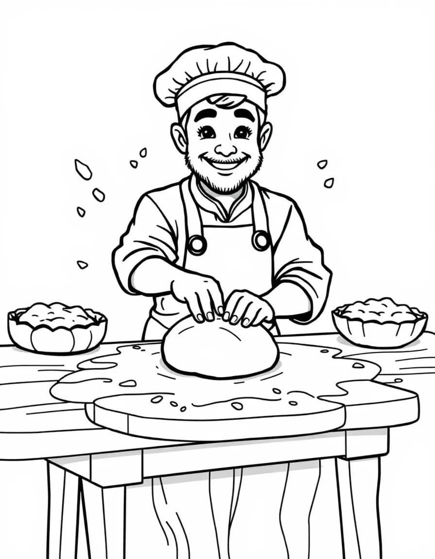 Coloriage Boulanger - Boulanger pétrissant vigoureusement la pâte sur son plan de travail en bois fariné, traits nets sans ombrage.