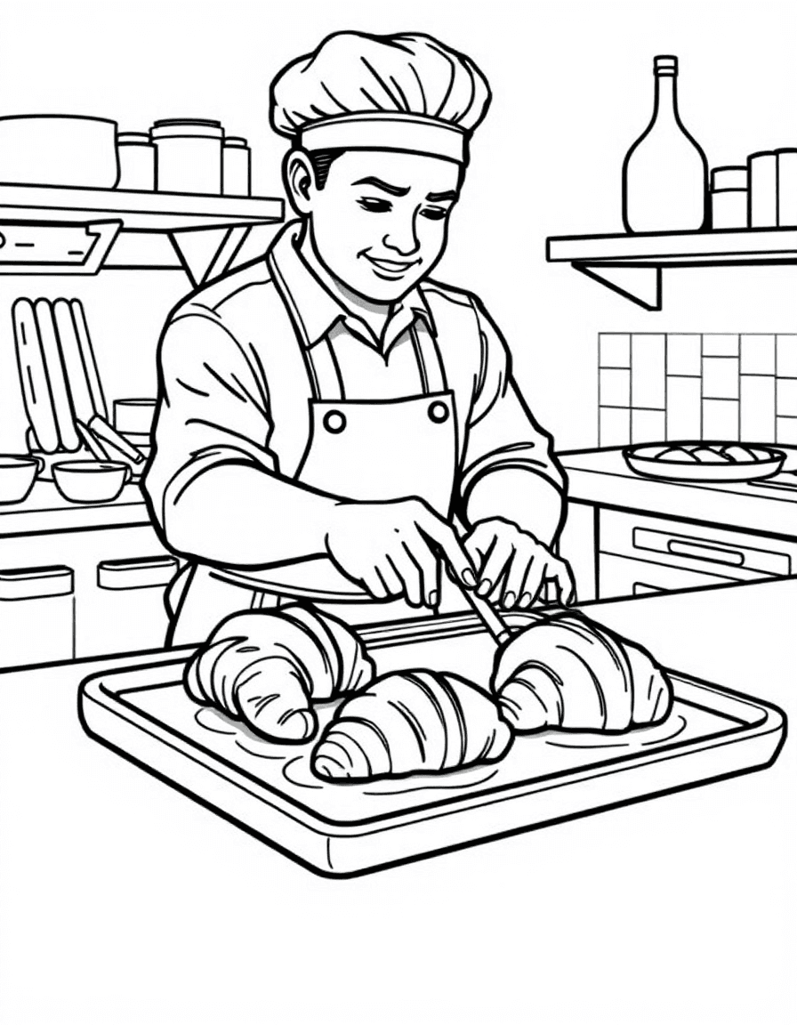 Coloriage Boulanger - Boulanger façonnant de délicieux croissants au beurre et pains au chocolat sur une plaque de cuisson, dessin simple.