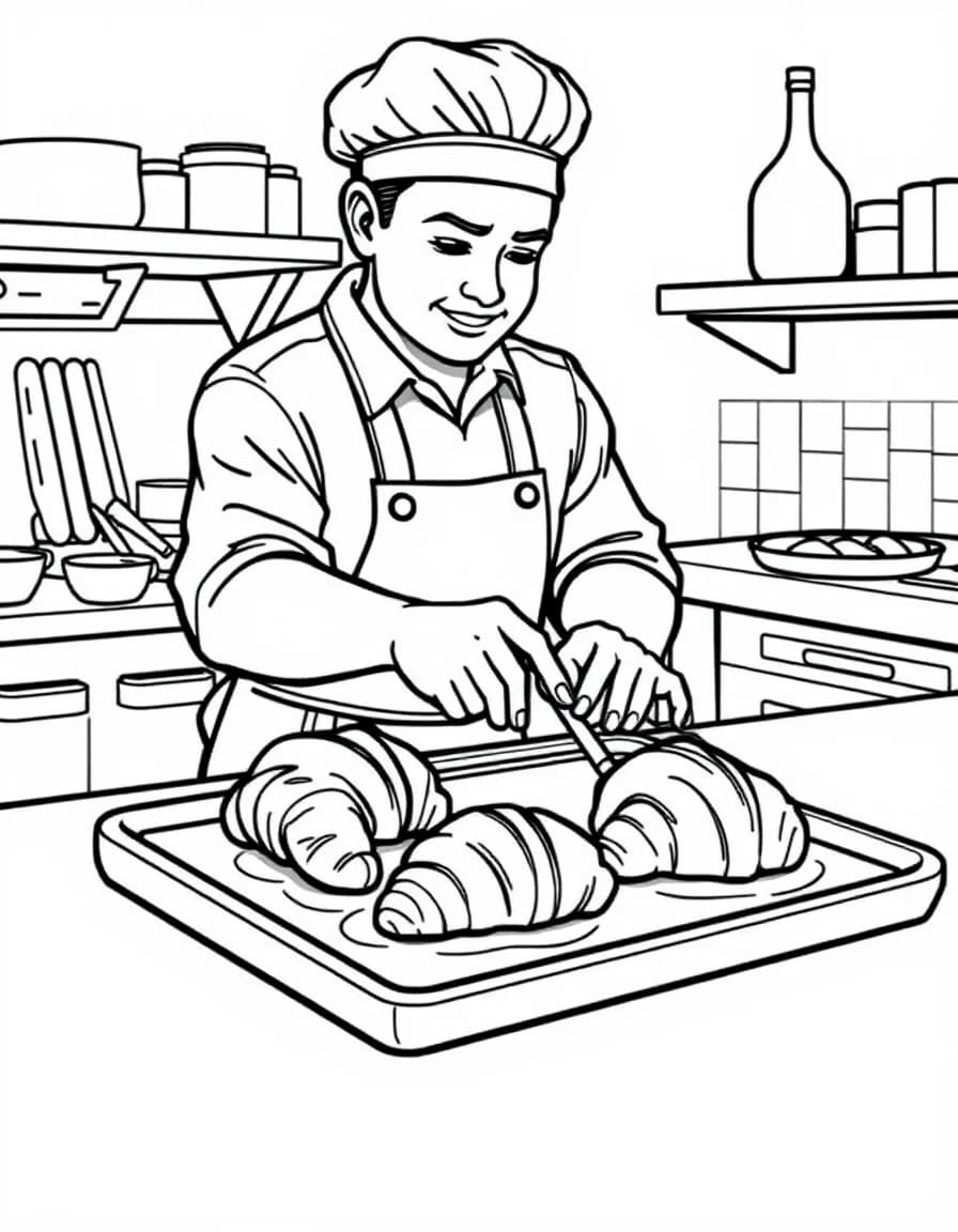 Coloriage Boulanger - Boulanger façonnant de délicieux croissants au beurre et pains au chocolat sur une plaque de cuisson, dessin simple.