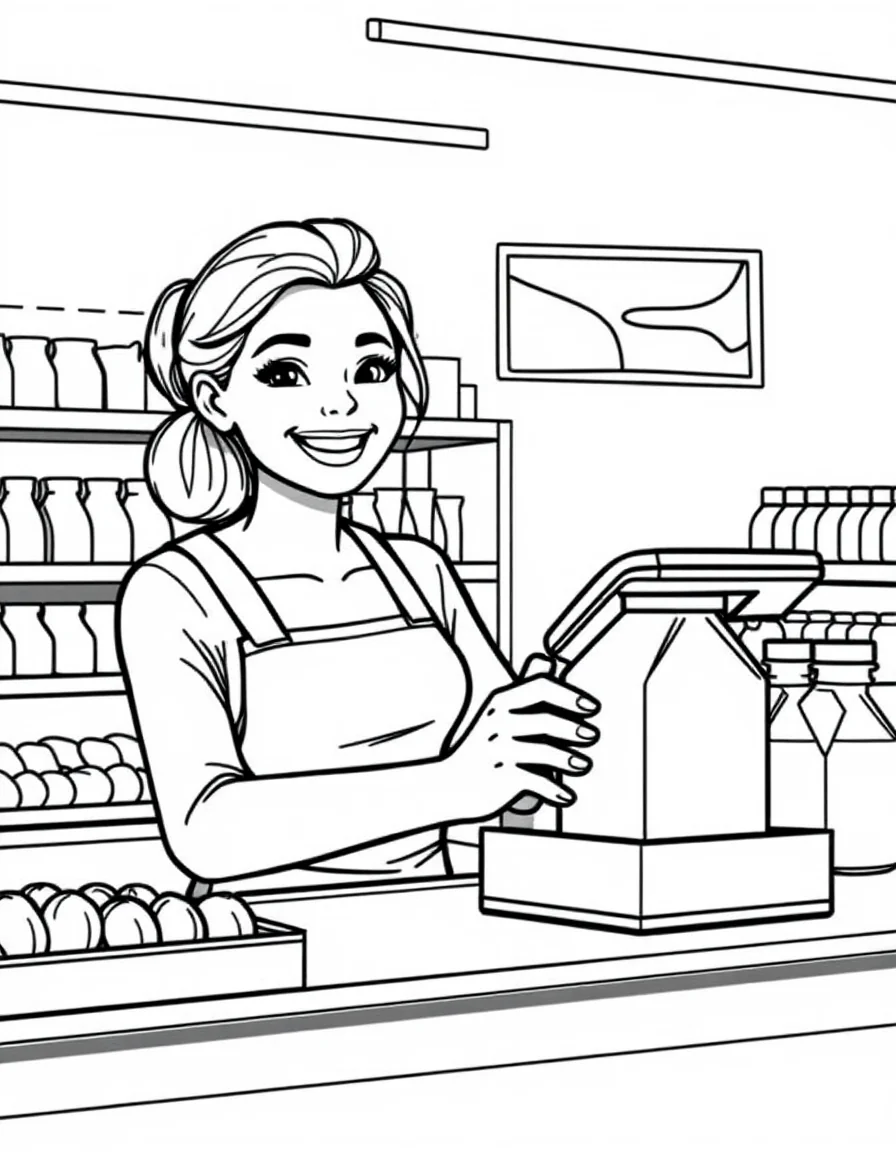 Coloriage Caissière - Caissière souriante à la caisse d'un supermarché scannant une brique de lait avec le lecteur code-barres, contours nets.
