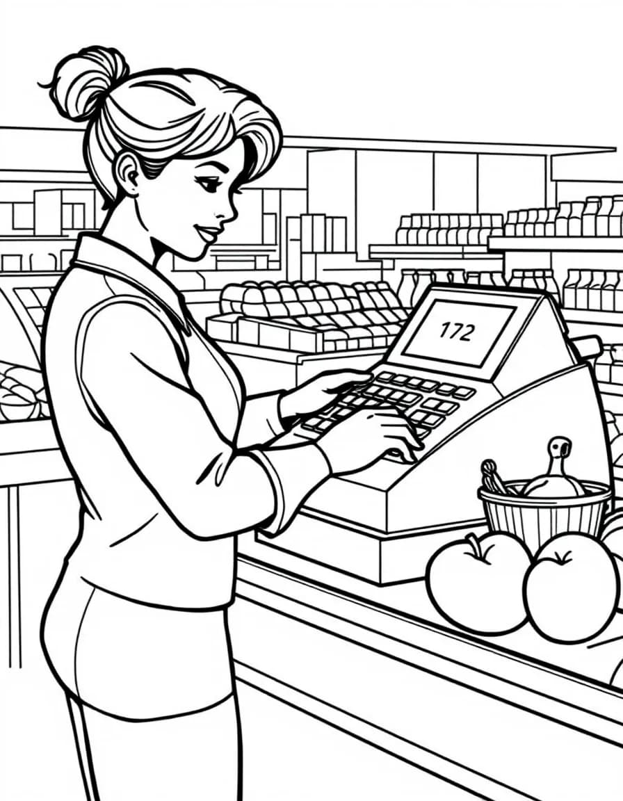 Coloriage Caissière - Caissière tapant sur le clavier de la caisse enregistreuse avec les articles sur le tapis roulant, traits nets.