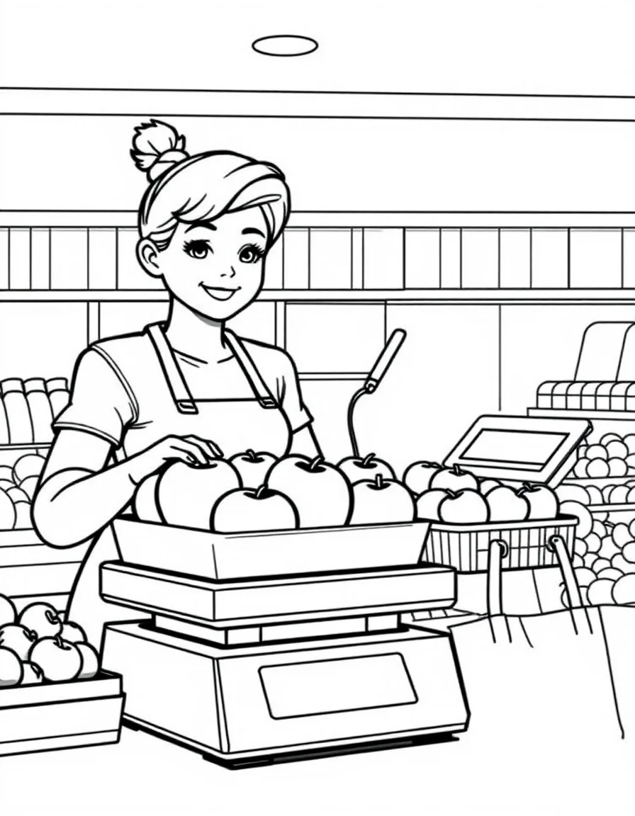 Coloriage Caissière - Caissière pesant un sachet de belles pommes sur la balance de la caisse devant un client souriant, dessin simple.