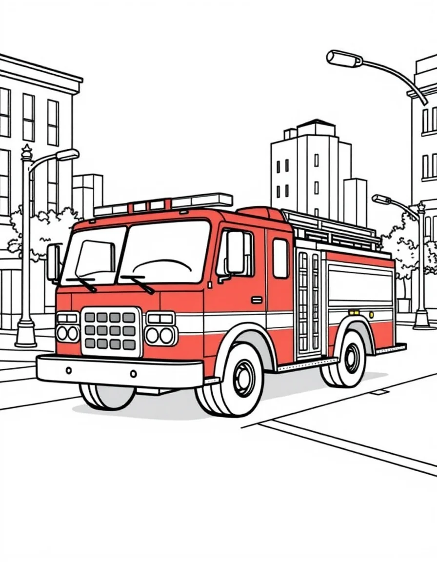 Coloriage Camion de pompier - Grand camion de pompiers rouge filant dans la rue avec gyrophares allumés et sirène retentissante, contours nets.