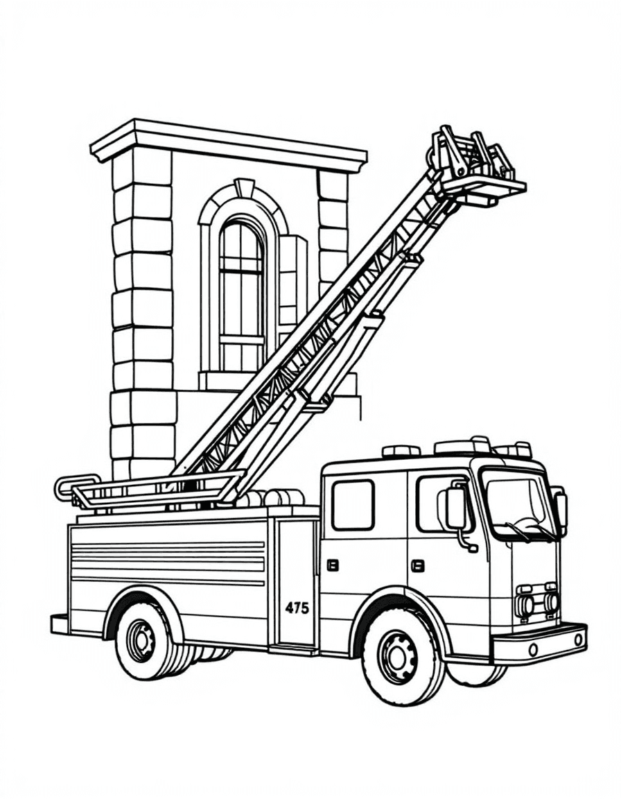 Coloriage Camion de pompier - Camion de pompiers déployant sa grande échelle télescopique vers les fenêtres d'un immeuble, traits nets sans ombrage.
