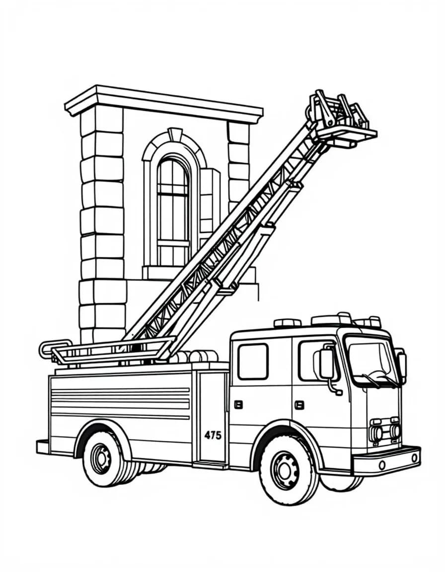 Coloriage Camion de pompier - Camion de pompiers déployant sa grande échelle télescopique vers les fenêtres d'un immeuble, traits nets sans ombrage.