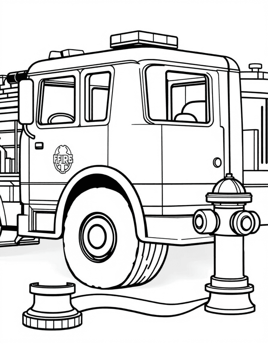 Coloriage Camion de pompier - Camion de pompiers raccordant un gros tuyau d'eau à une bouche d'incendie rouge sur le trottoir, dessin simple.