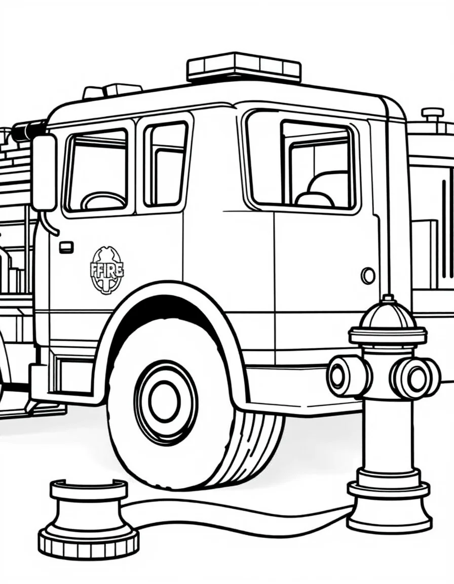 Coloriage Camion de pompier - Camion de pompiers raccordant un gros tuyau d'eau à une bouche d'incendie rouge sur le trottoir, dessin simple.