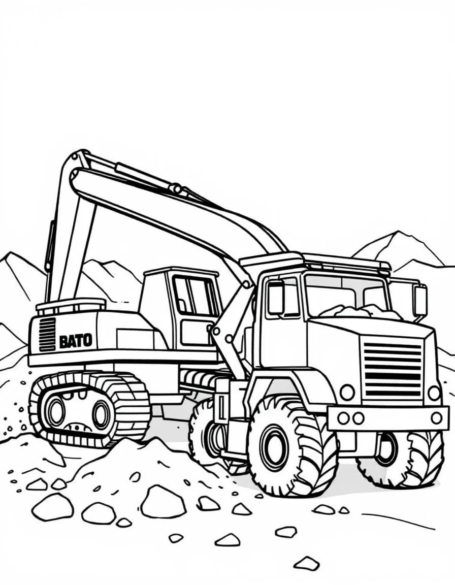 Coloriage Chantier - Chantier en activité avec une grande pelleteuse jaune creusant la terre et chargeant un camion-benne, contours nets.