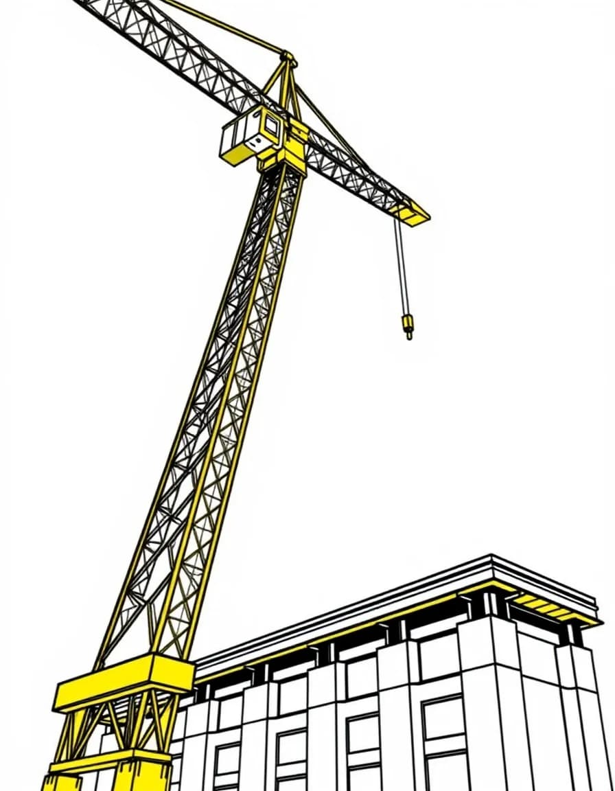 Coloriage Chantier - Grande grue de chantier soulevant des poutres en acier au-dessus d'un immeuble en construction, traits nets.