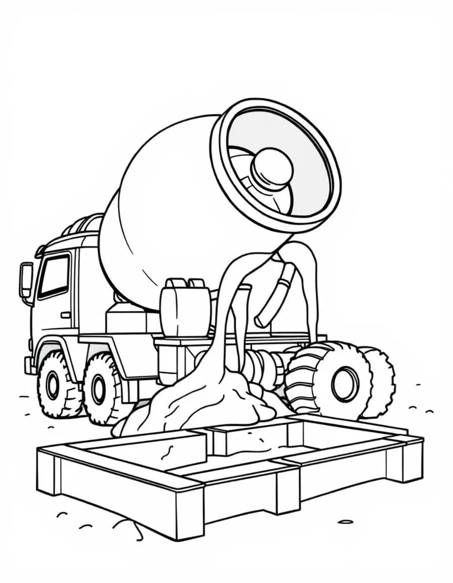 Coloriage Chantier - Camion toupie déversant du béton frais par sa goulotte dans les fondations d'un bâtiment, dessin simple.
