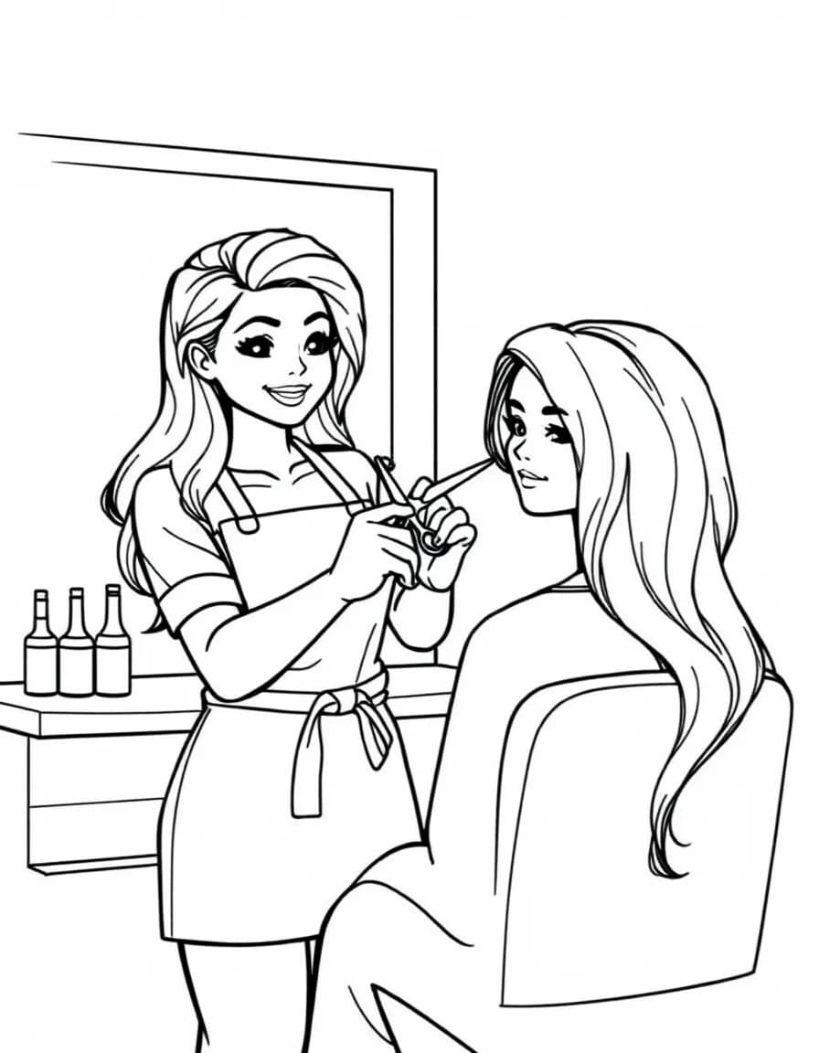 Coloriage Coiffeur - Coiffeur souriant en tablier coupant les cheveux d'un client avec ciseaux et peigne devant le miroir, contours nets.