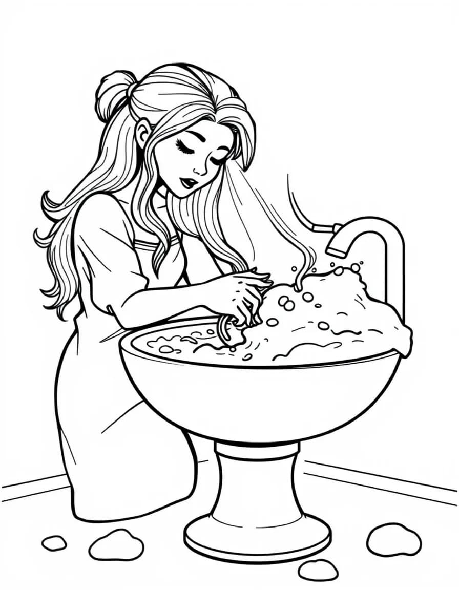 Coloriage Coiffeur - Coiffeuse lavant les cheveux d'une cliente au bac avec un shampooing moussant tout doux, traits nets sans ombrage.