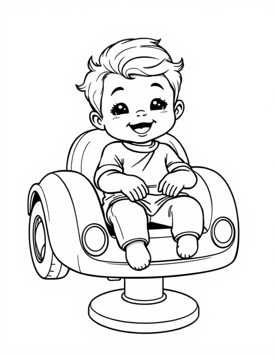 Coloriage Coiffeur - Petit enfant souriant assis dans un fauteuil de coiffeur en forme de voiture rouge pour sa coupe, dessin simple.