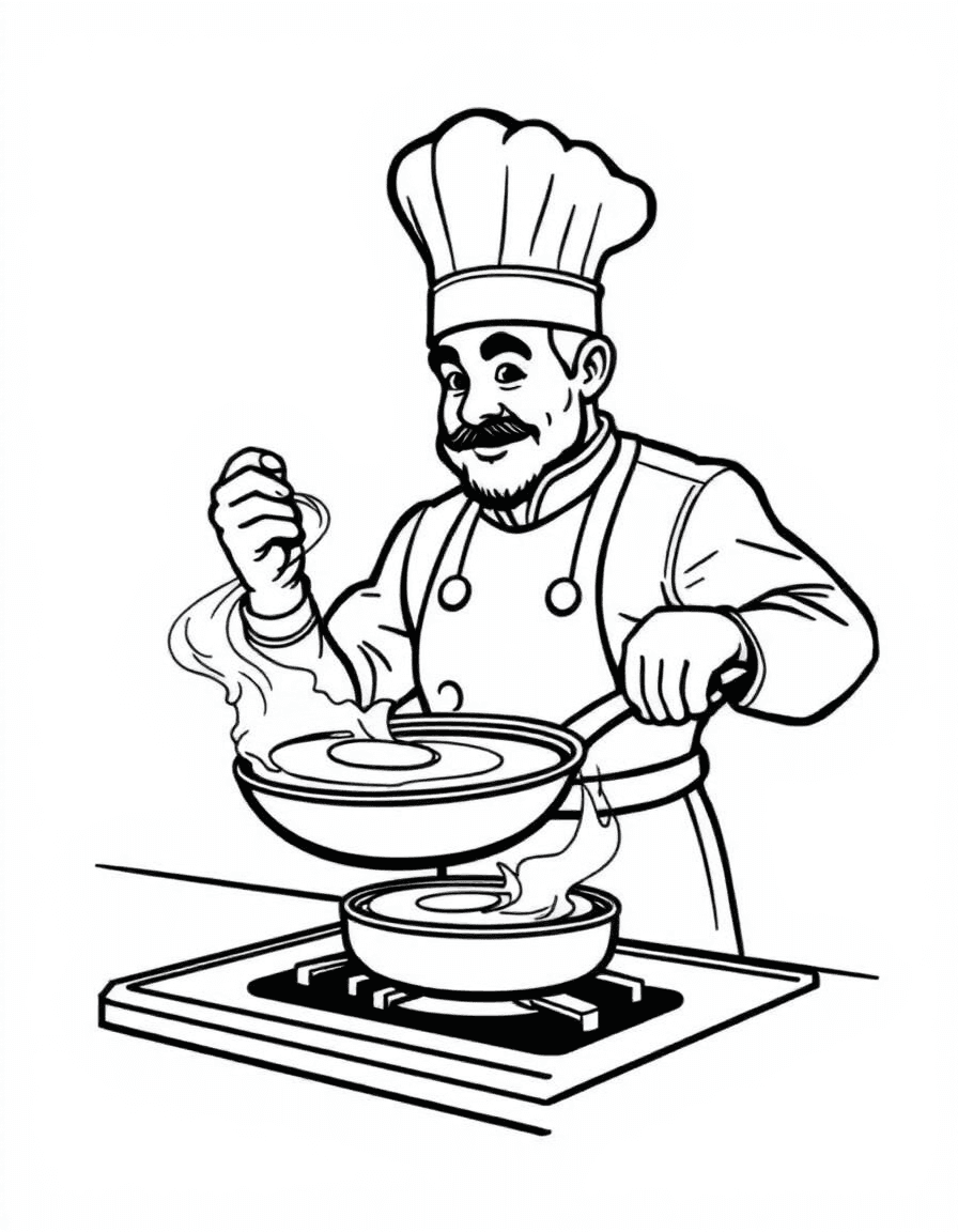 Coloriage Cuisinier - Chef cuisinier en toque et tablier faisant sauter une crêpe bien haut dans sa poêle au-dessus du feu, contours nets.