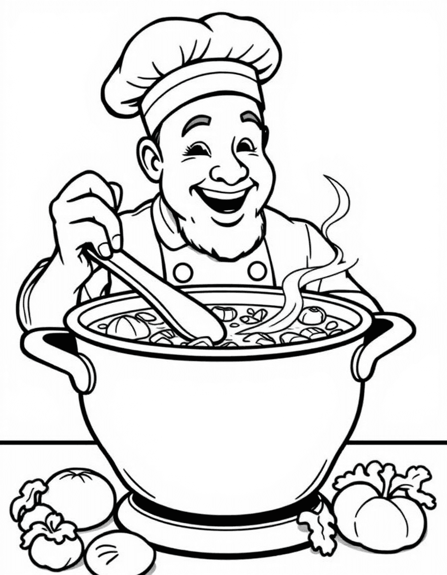 Coloriage Cuisinier - Chef cuisinier remuant une marmite de soupe de légumes fumante avec une cuillère en bois en goûtant, traits nets.