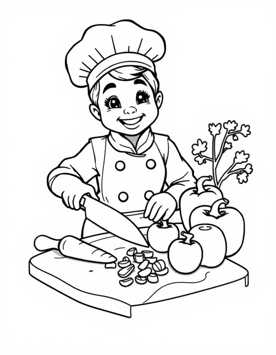 Coloriage Cuisinier - Cuisinier découpant des carottes, tomates et poivrons frais sur une planche à découper en bois, dessin simple.