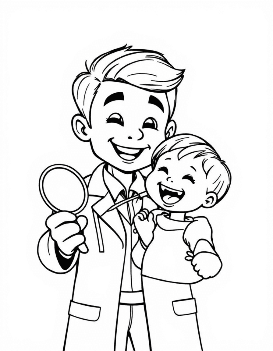 Coloriage Dentiste - Dentiste bienveillant en blouse blanche examinant les dents d'un enfant avec son miroir dentaire, contours nets.