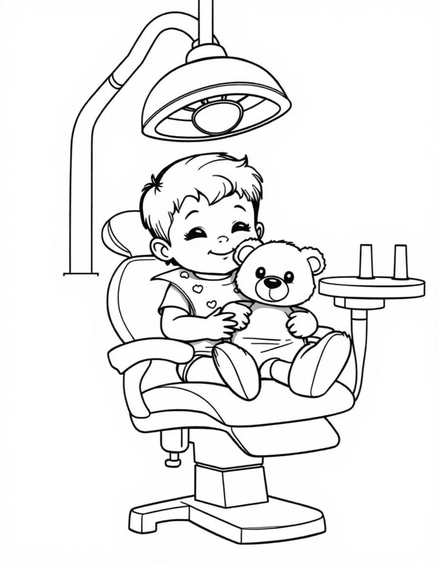 Coloriage Dentiste - Enfant assis confortablement dans le grand fauteuil de dentiste serrant son doudou avec un bavoir en papier, traits nets.