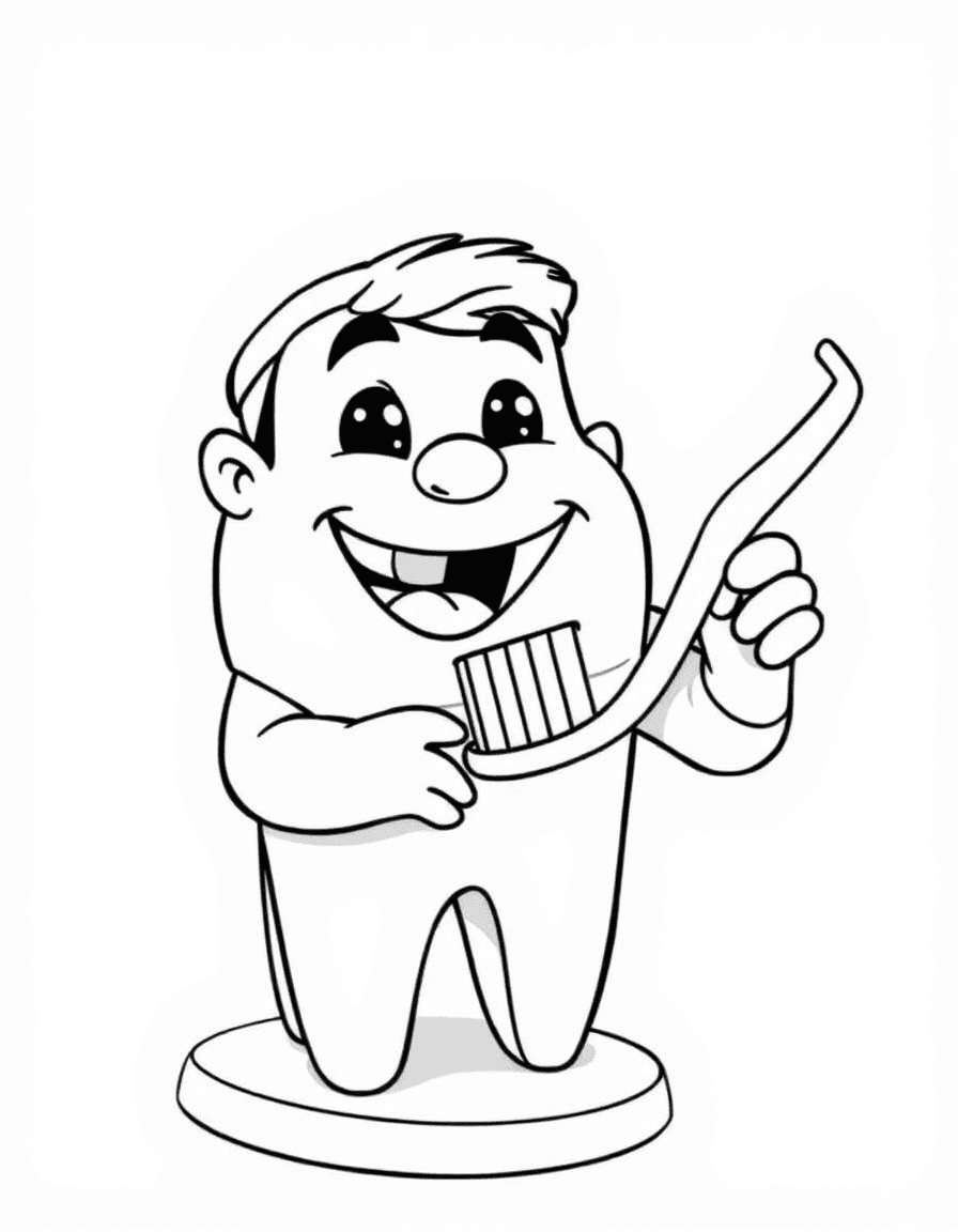 Coloriage Dentiste - Dentiste montrant les bons gestes de brossage avec une brosse géante sur une maquette de dent, dessin simple.