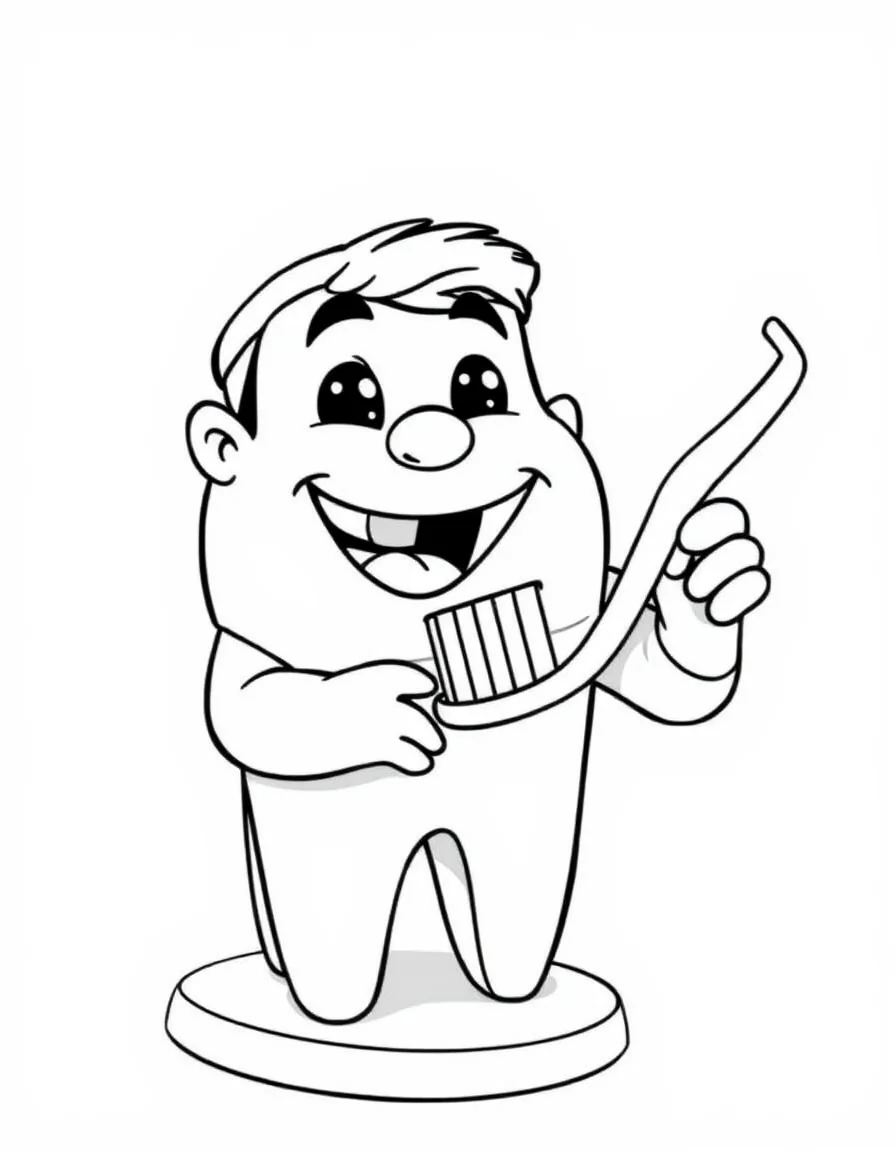 Coloriage Dentiste - Dentiste montrant les bons gestes de brossage avec une brosse géante sur une maquette de dent, dessin simple.