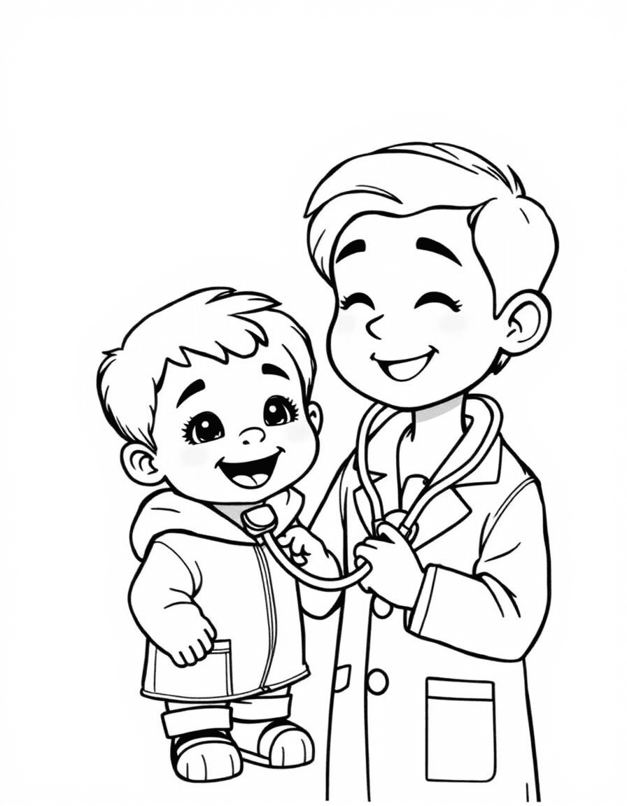 Coloriage Docteur médecin - Médecin bienveillant en blouse blanche écoutant les battements de cœur d'un enfant avec son stéthoscope, contours nets.