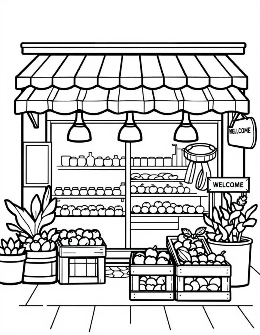 Coloriage Épicerie - Charmante devanture d'épicerie de quartier avec auvent rayé et cagettes de fruits frais bien alignées, contours nets.