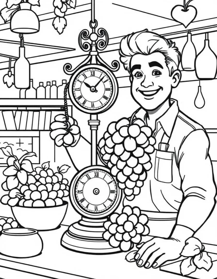 Coloriage Épicerie - Épicier pesant une grappe de raisin sur une balance à cadran suspendue devant un client souriant, dessin simple.