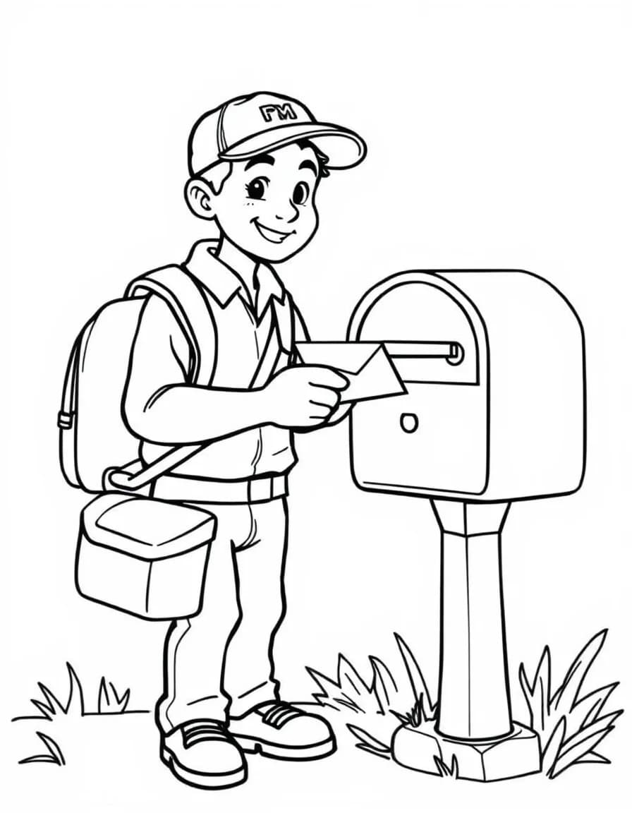 Coloriage Facteur - Facteur souriant avec sacoche en bandoulière glissant une lettre dans une boîte aux lettres de jardin, contours nets.
