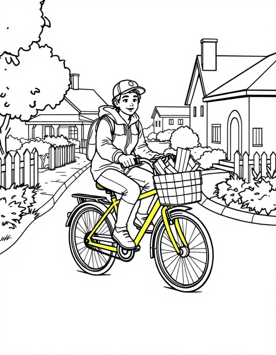 Coloriage Facteur - Facteur à vélo jaune transportant le courrier et les petits colis dans son panier sur une route de village, traits nets.
