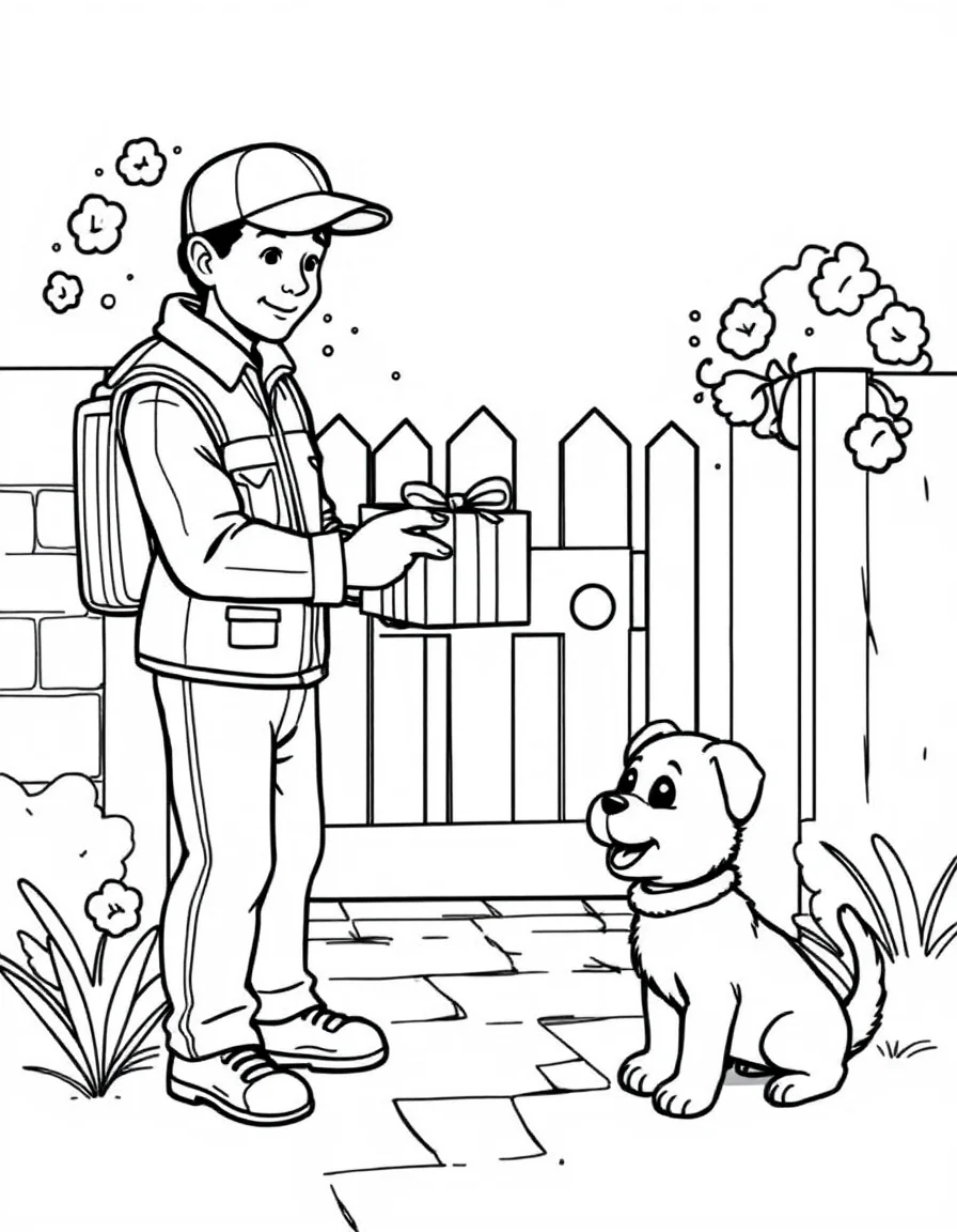 Coloriage Facteur - Facteur remettant un joli paquet cadeau à un enfant impatient au portillon avec son petit chien, dessin simple.