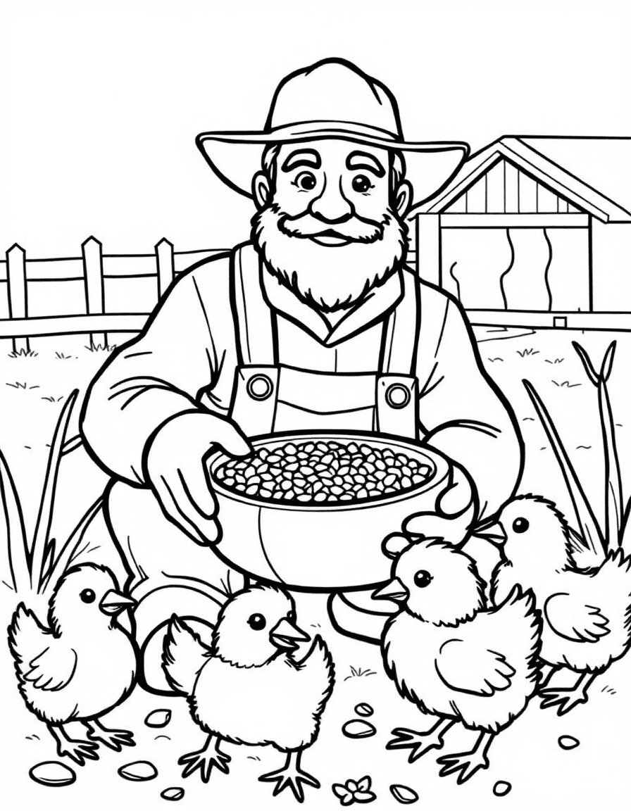 Coloriage Fermier - Fermier donnant du grain à des poules et poussins dans la cour de la ferme, traits nets sans ombrage.