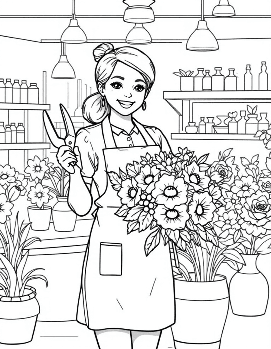 Coloriage Fleuriste - Fleuriste souriante en tablier composant un magnifique bouquet de roses et marguerites avec ses ciseaux, contours nets.