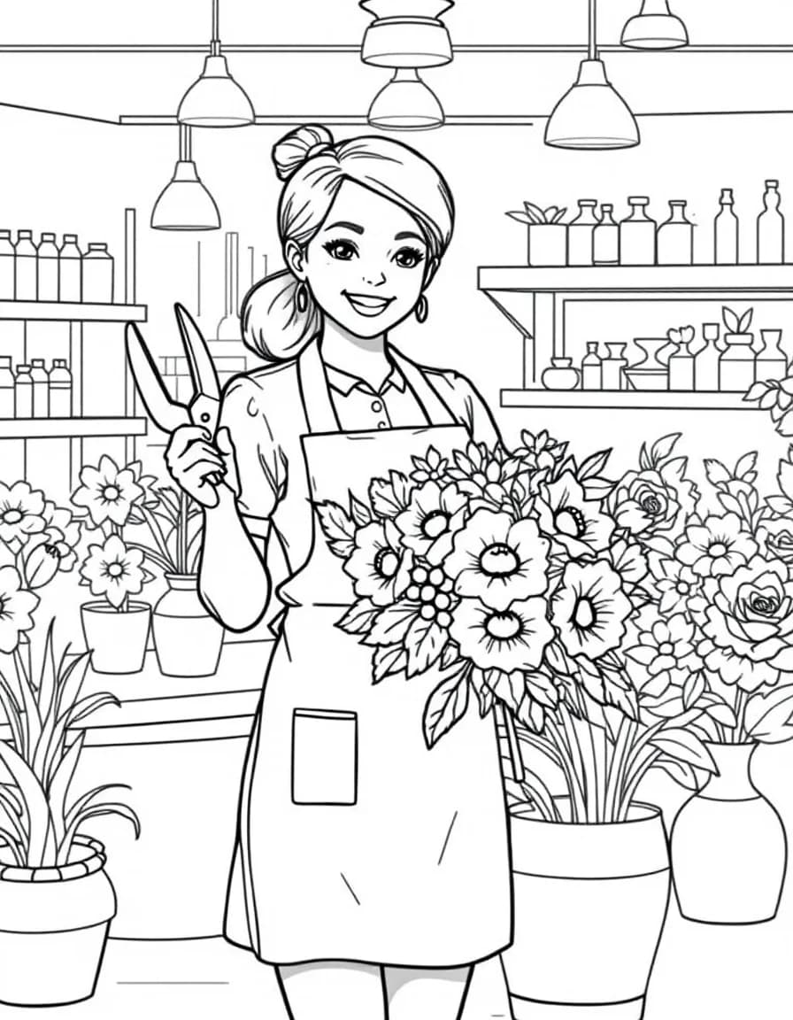 Coloriage Fleuriste - Fleuriste souriante en tablier composant un magnifique bouquet de roses et marguerites avec ses ciseaux, contours nets.