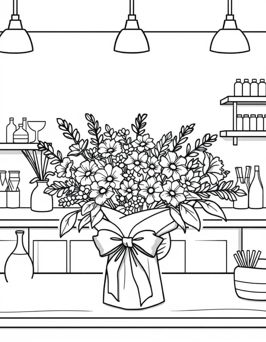 Coloriage Fleuriste - Fleuriste emballant un bouquet dans du papier kraft orné d'un joli ruban de satin sur le comptoir, traits nets.