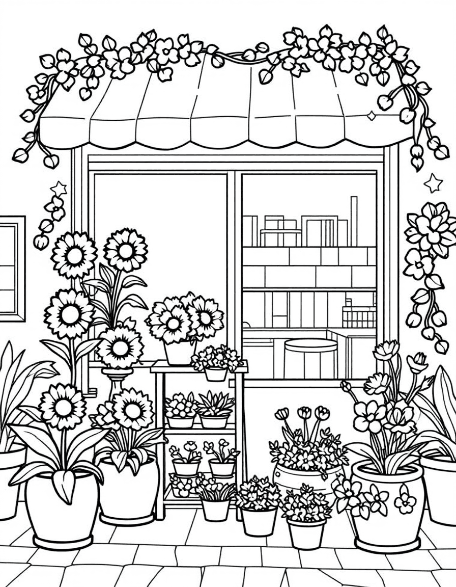 Coloriage Fleuriste - Devanture fleurie de la boutique avec étals débordant de tournesols, tulipes et violettes en pots, dessin simple.