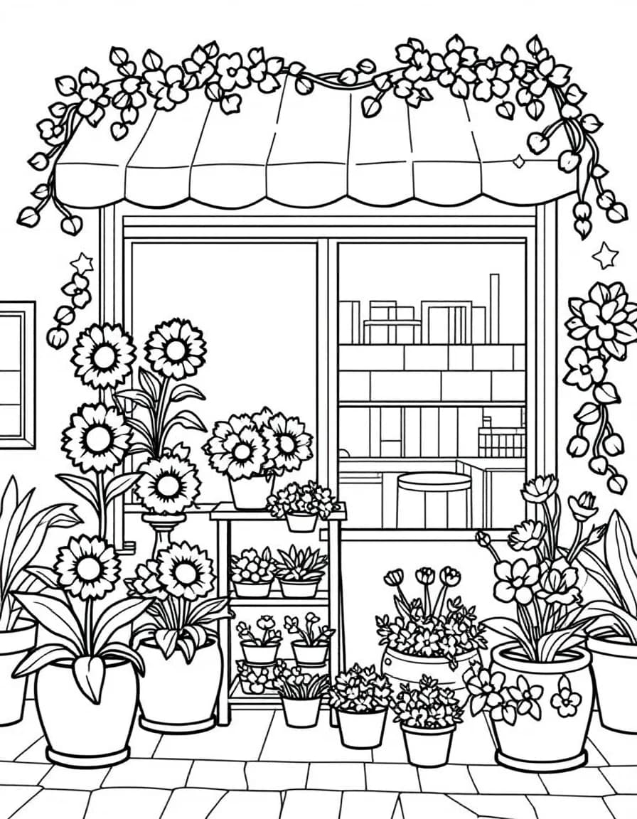 Coloriage Fleuriste - Devanture fleurie de la boutique avec étals débordant de tournesols, tulipes et violettes en pots, dessin simple.