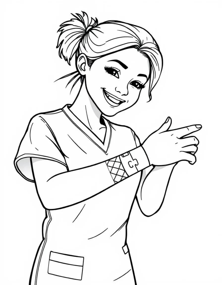 Coloriage Infirmière - Infirmière bienveillante en blouse posant doucement un joli pansement coloré sur le coude d'un enfant, contours nets.