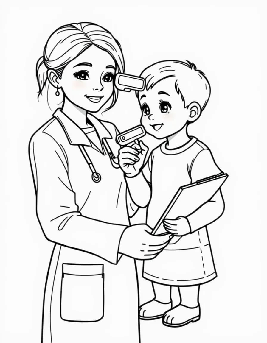 Coloriage Infirmière - Infirmière mesurant la température avec un thermomètre sans contact en tenant son dossier de soins, traits nets.