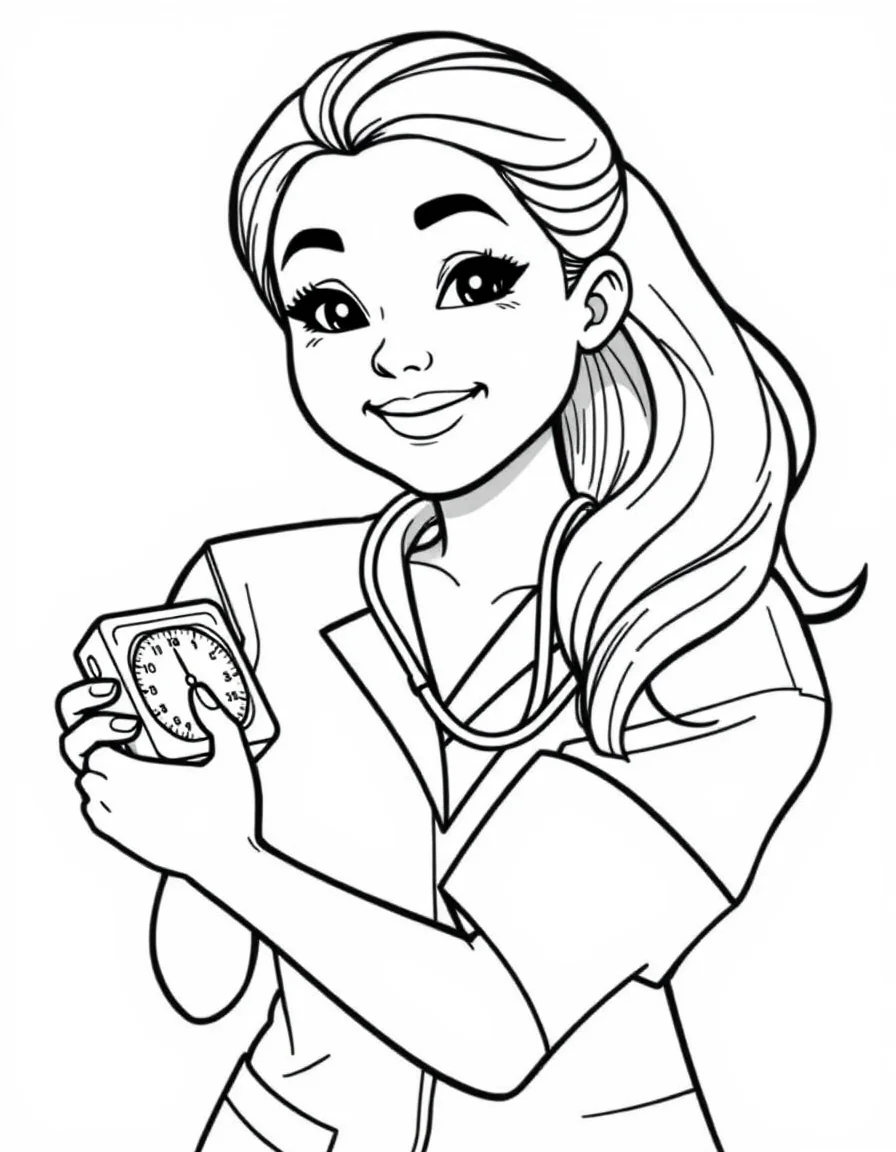 Coloriage Infirmière - Infirmière prenant la tension avec un brassard gonflable et un stéthoscope avec un sourire rassurant, dessin simple.