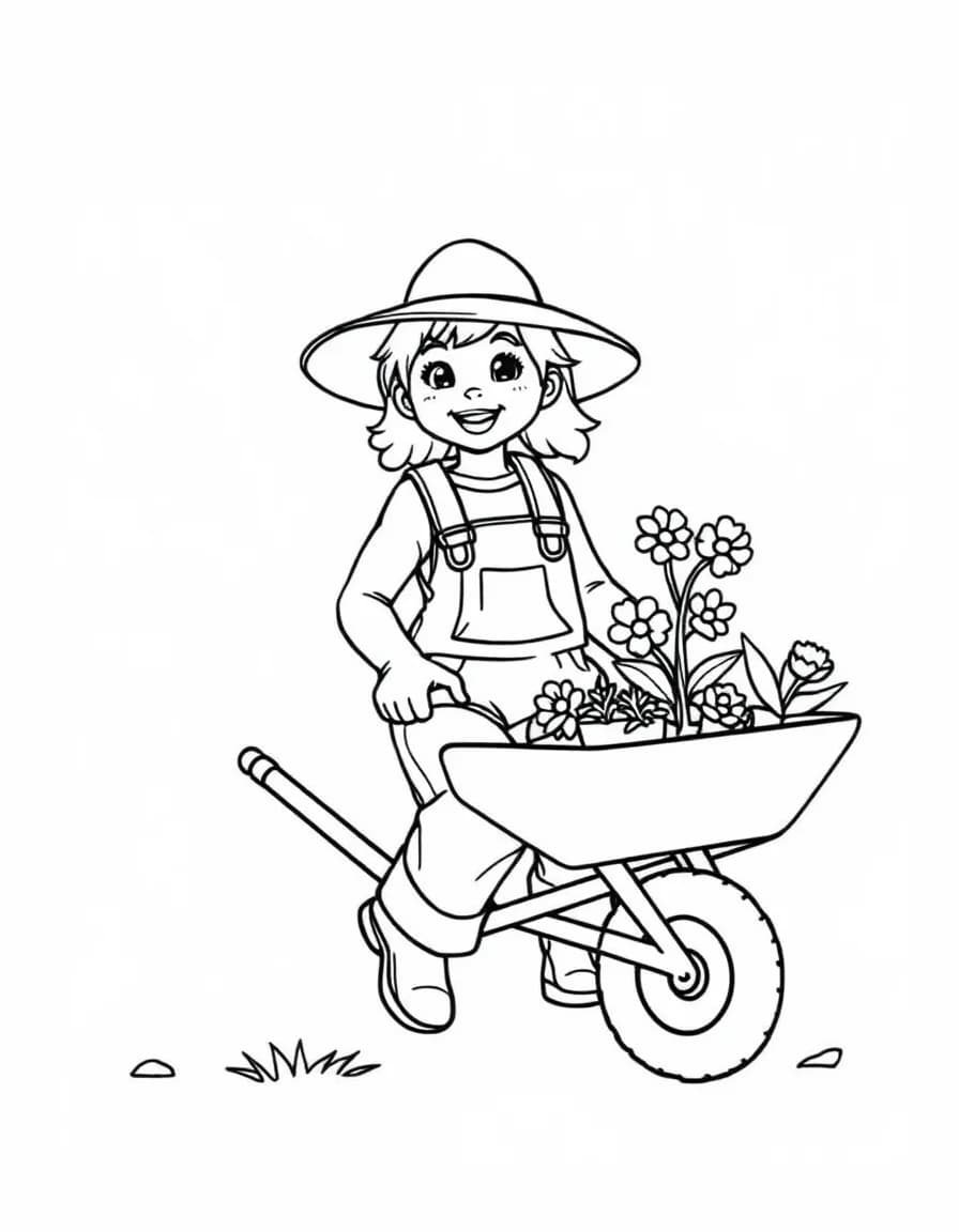 Coloriage Jardinier - Jardinier souriant en chapeau de paille poussant une brouette pleine de fleurs en pot et de terreau, contours nets.