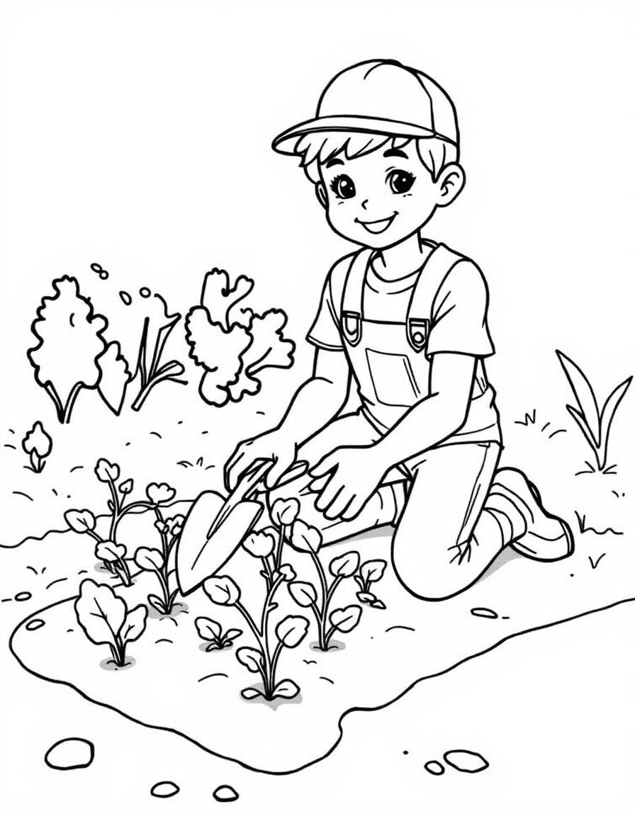 Coloriage Jardinier - Jardinier à genoux repiquant de jeunes pousses de légumes dans la terre avec son transplantoir, traits nets.
