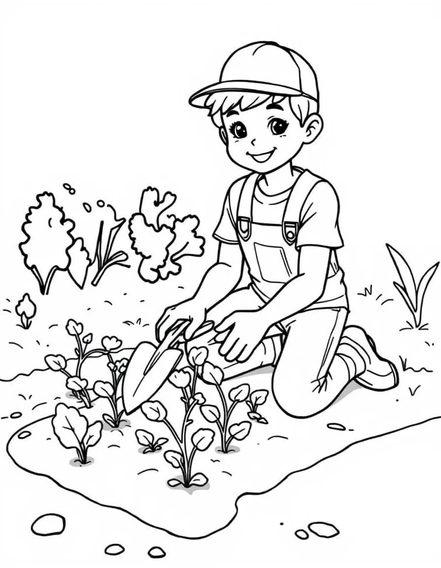 Coloriage Jardinier - Jardinier à genoux repiquant de jeunes pousses de légumes dans la terre avec son transplantoir, traits nets.